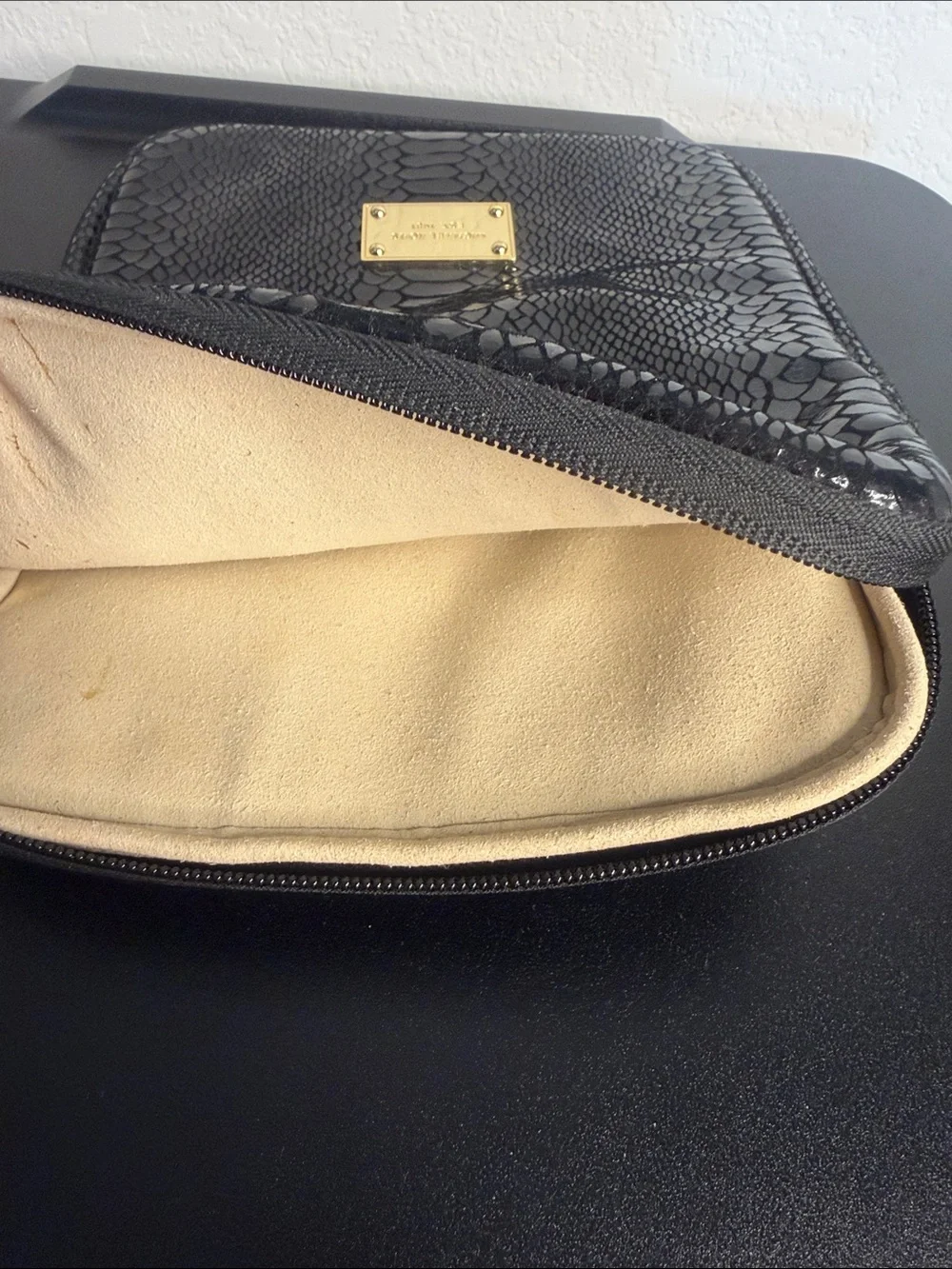 Michael Kors Black Snake-Embossed Tablet Pouch with Gold Plaque